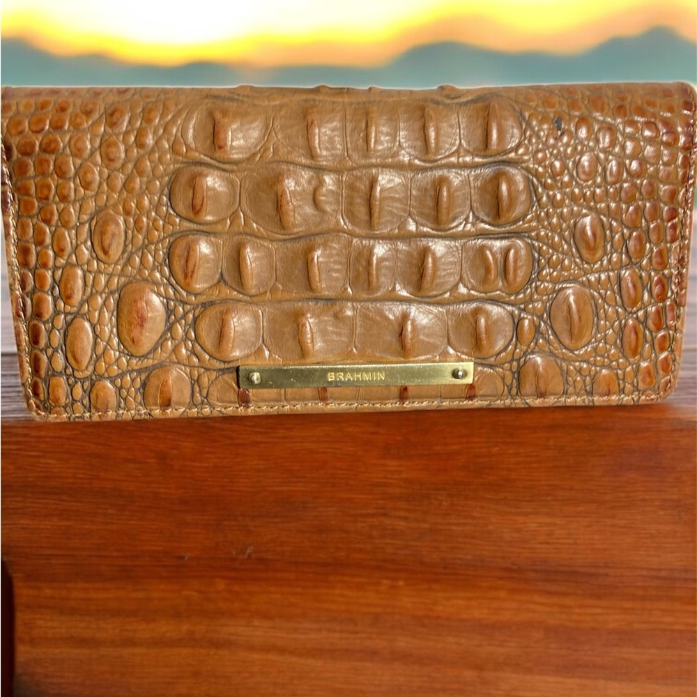 Brahmin Tan Ady Crocodile Embossed card /checkbook holder